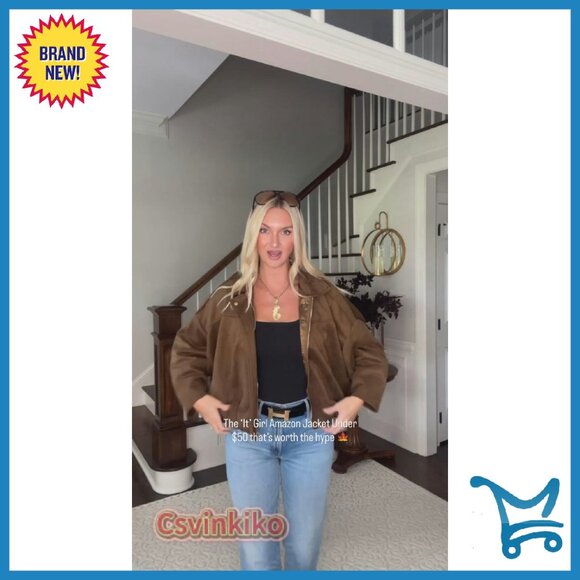 Oversized Faux Suede Bomber Jacket Lapel Zip Up Streetwear Outerwear - Picture 8 of 8